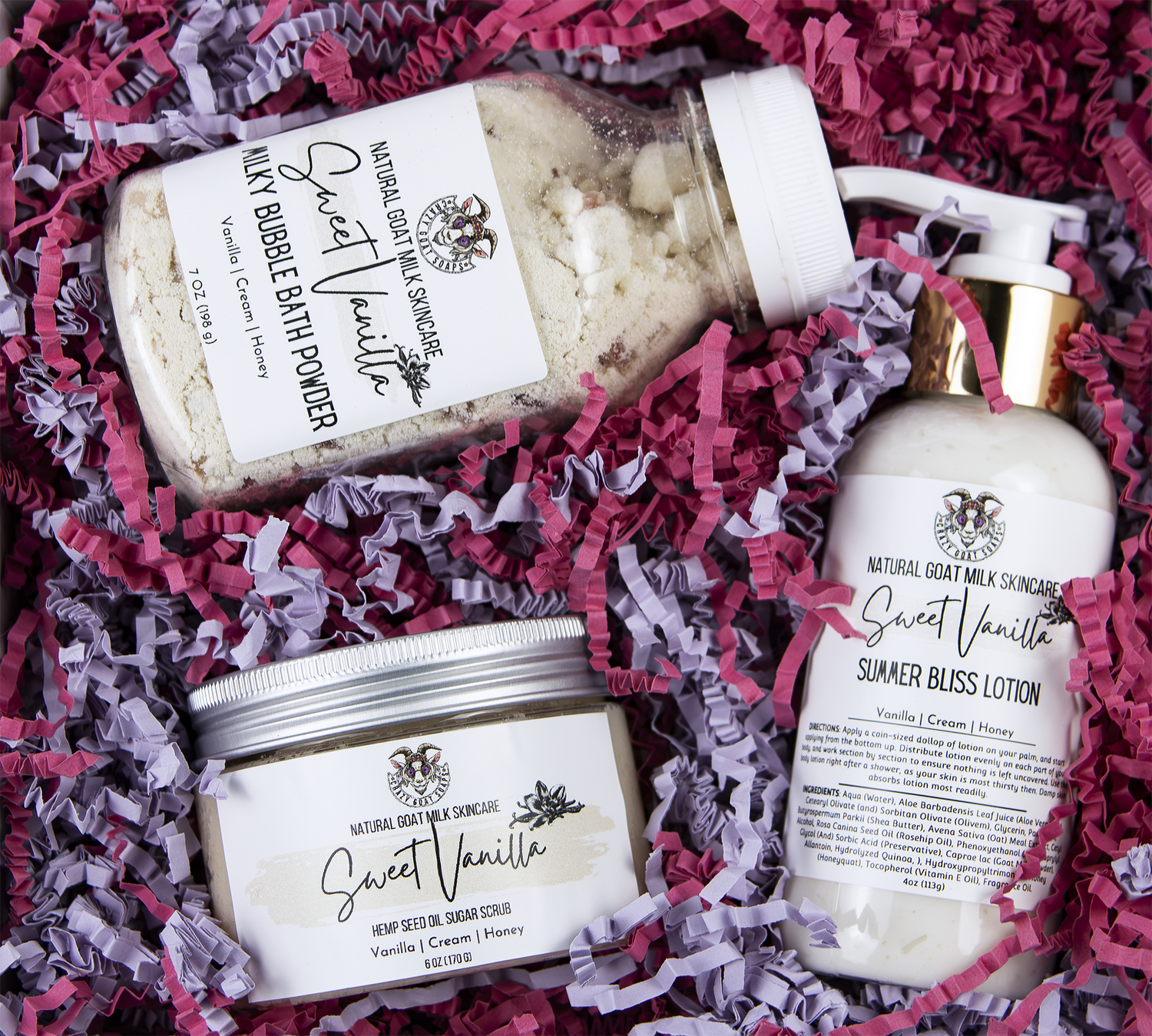 Crazy Goat Soaps' Luxury Gift Sets offer a pampering experience with goat milk lotion, goat milk bubble bath powder, and vegan sugar scrub, providing indulgent skincare essentials for a spa-like retreat at home.
