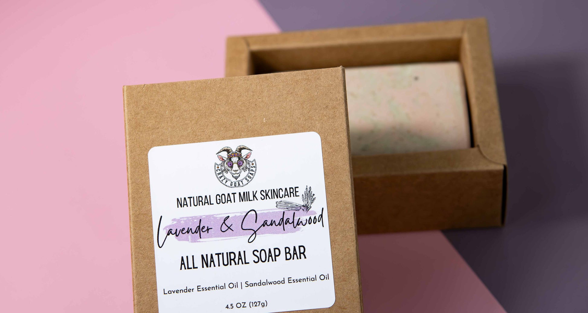 Our All-Natural Lavender and Sandalwood Goat Milk Soap Bar comes fully packaged and labeled.