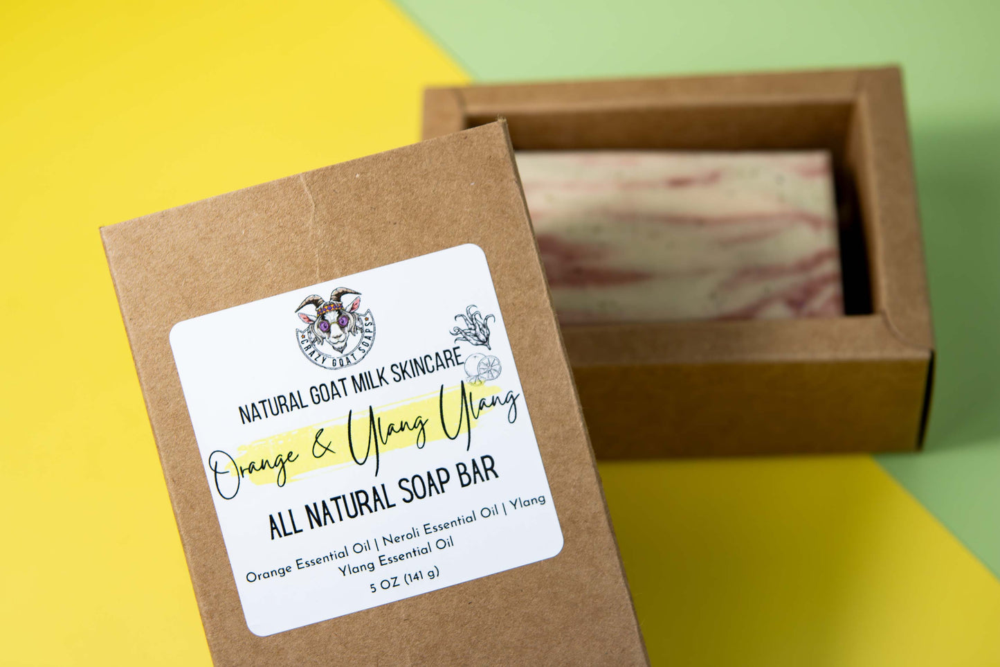 Our Orange and Ylang Ylang Essential Oil Goat Milk Soap Bar comes fully boxed and labeled.