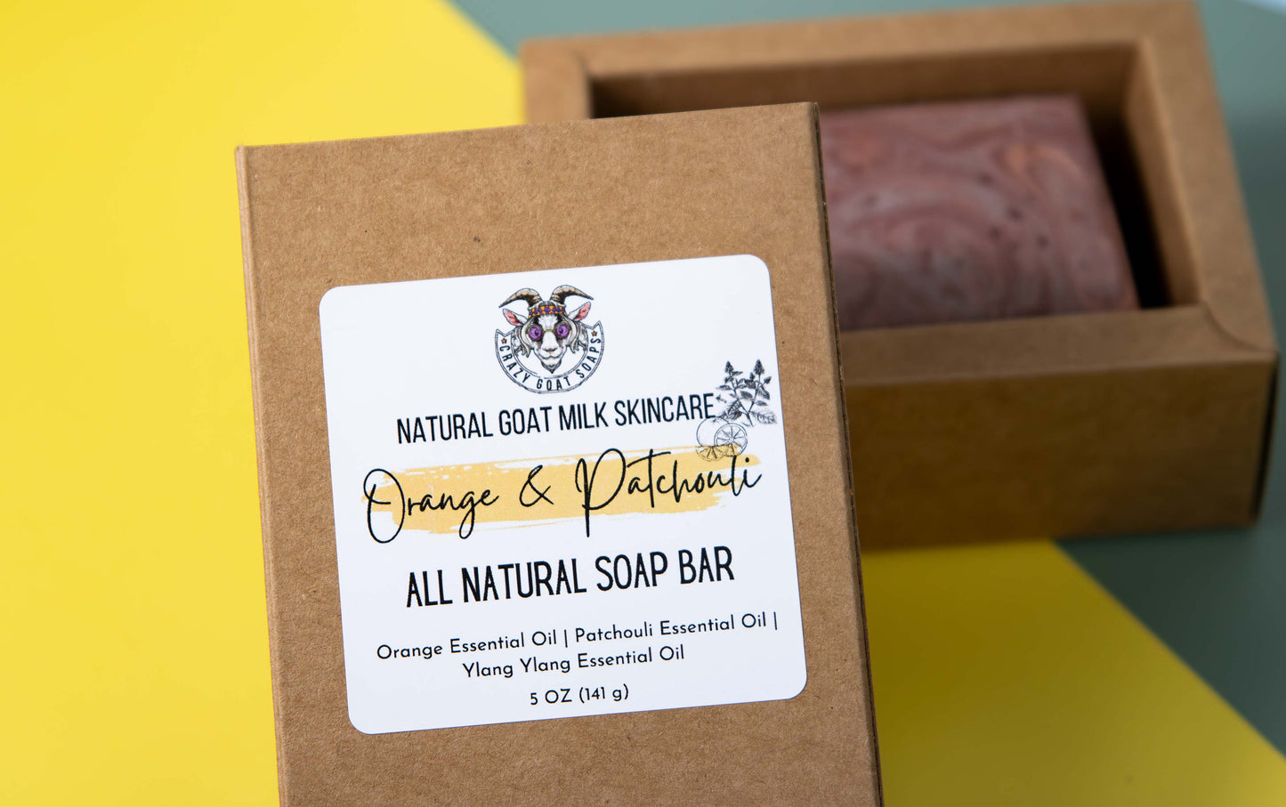 Crazy Goat Soaps patchouli and orange essential goat milk soap bar comes fully packaged and labeled.
