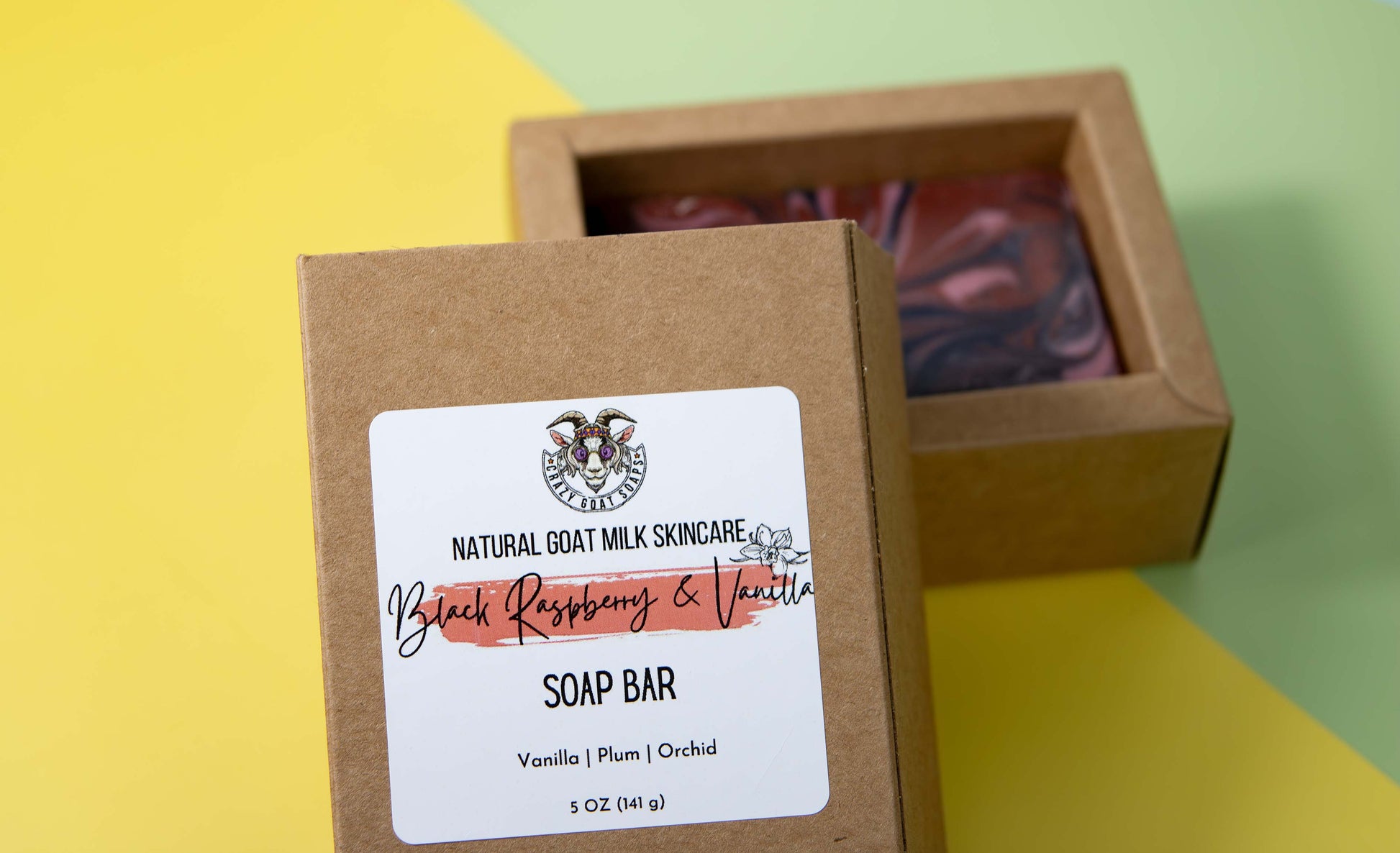 Crazy Goat Soaps Black Raspberry Vanilla Soap Bar comes in a box and fully labled. 