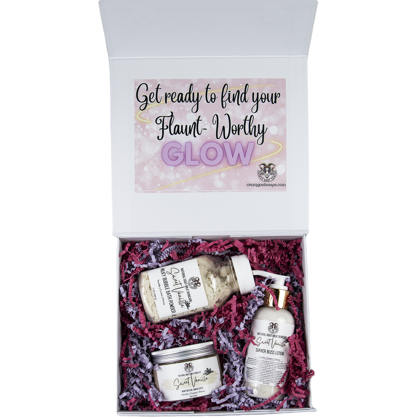 Treat yourself or a loved one to this opulent gift set for a spa-like retreat at home. This set Includes our goat milk lightweight lotion, milky bubble bath, and sugar scrub. While relaxing, enjoy the sweet and warm scent of our signature sweet vanilla.